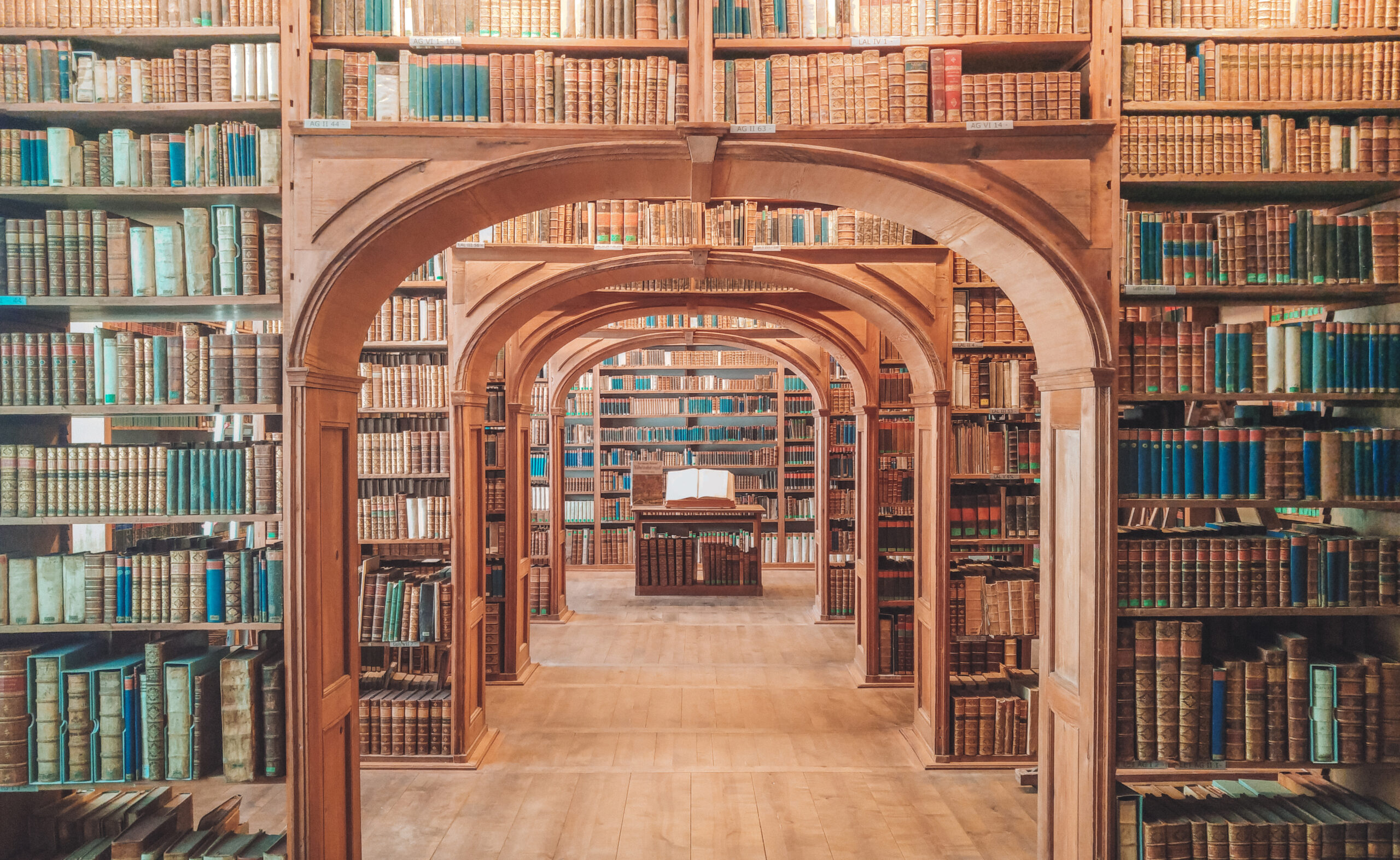Historic library archive with rows of preserved books representing the stewardship of history, knowledge, and personal narratives.